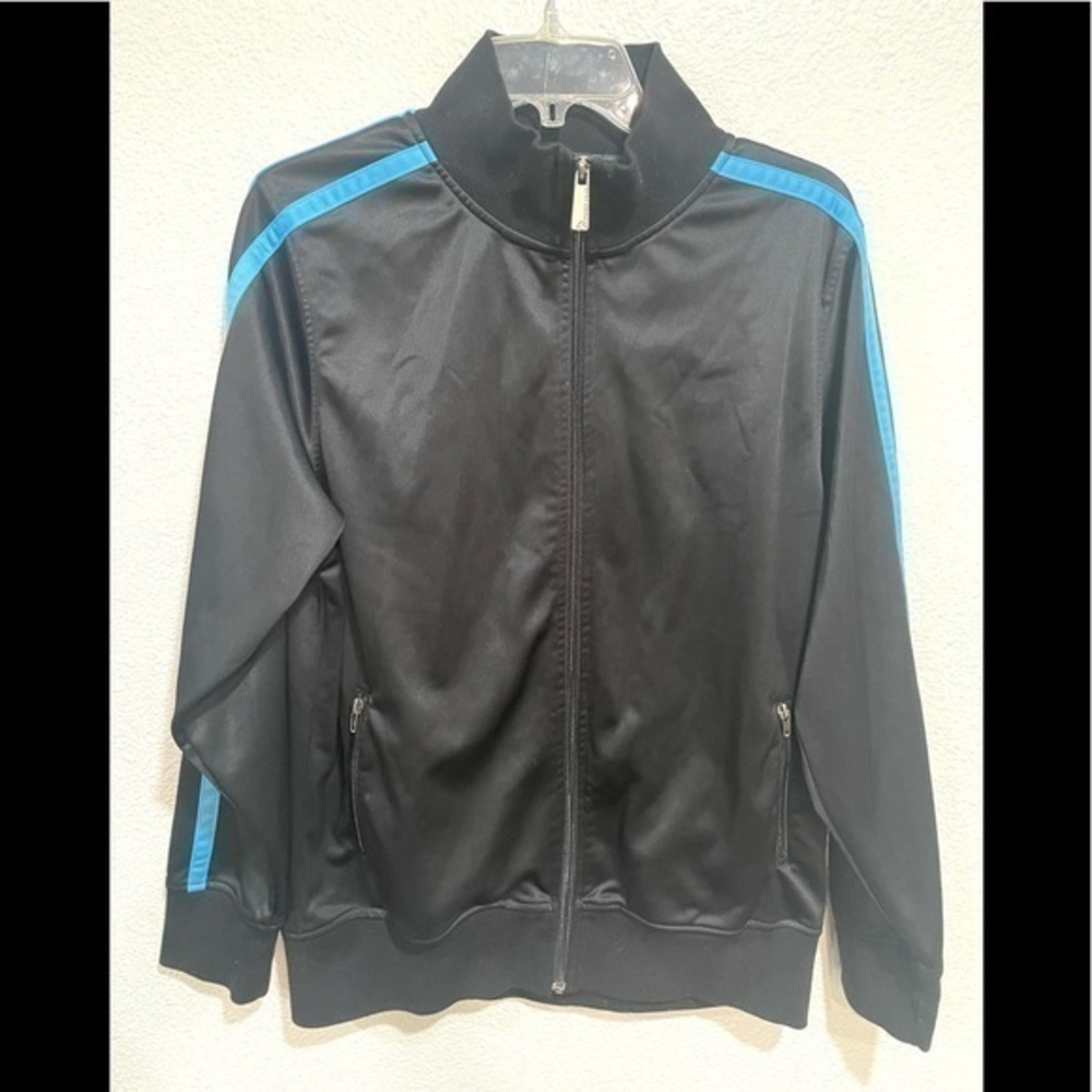 POINT ZERO COLLECTION black & blue vintage striped track jacket size large